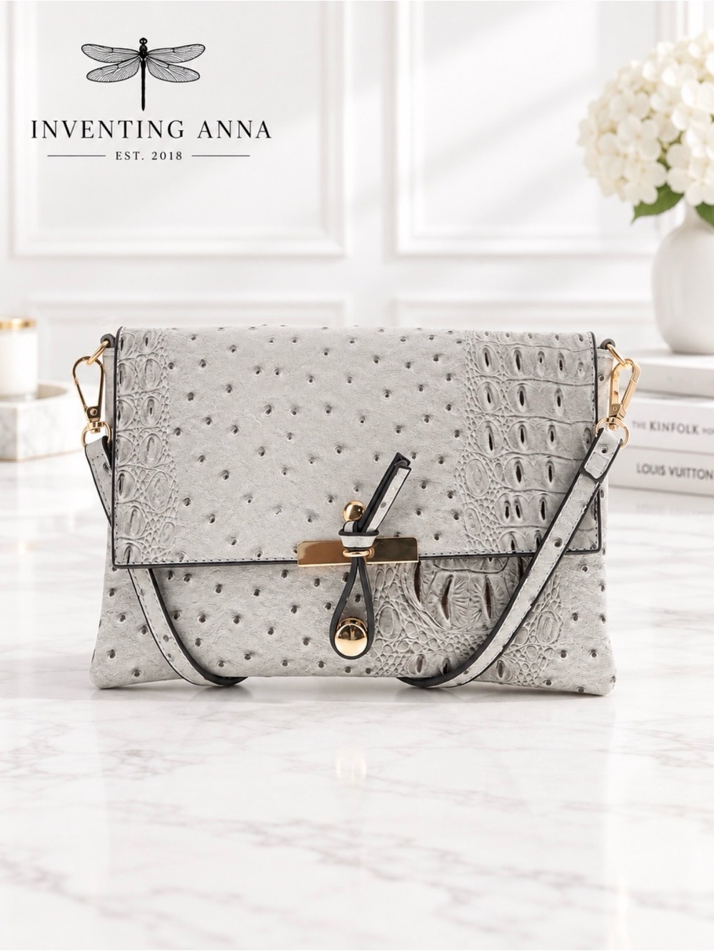 Gray Ostrich Croc Embossed Crossbody Clutch Bag Gold Hardware